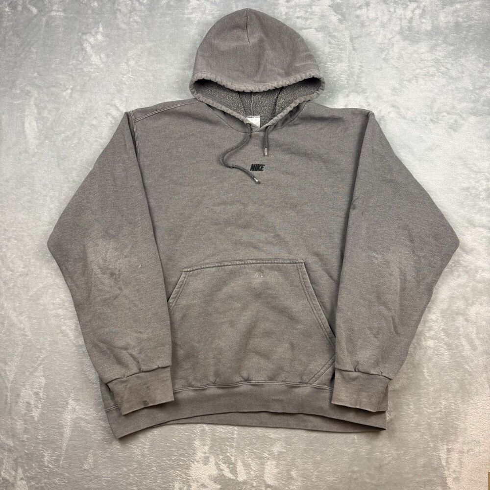 Y2K Nike Center Logo Hoodie Men’s XL Gray Faded Distressed Pullover Sweatshirt
